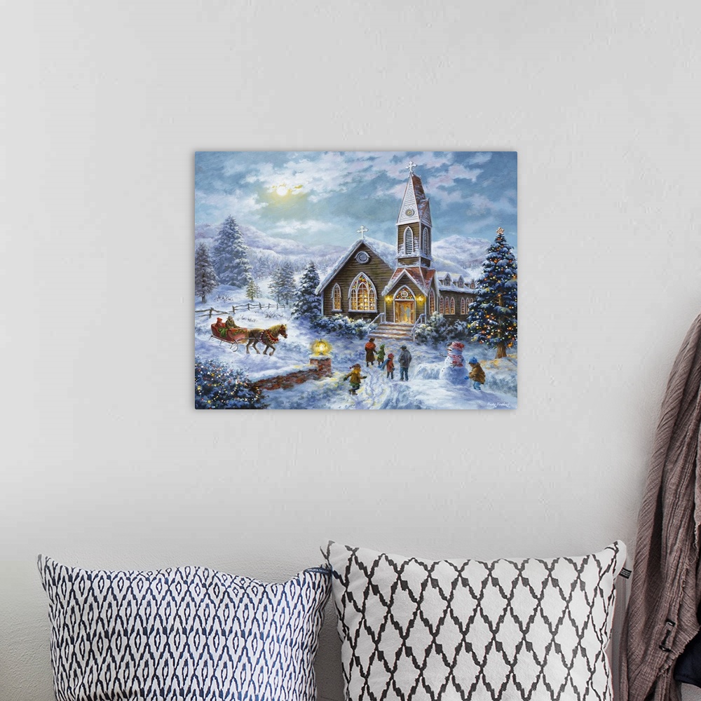 A bohemian room featuring Painting of a winter church with glowing windows. Product is a painting reproduction only, and do...
