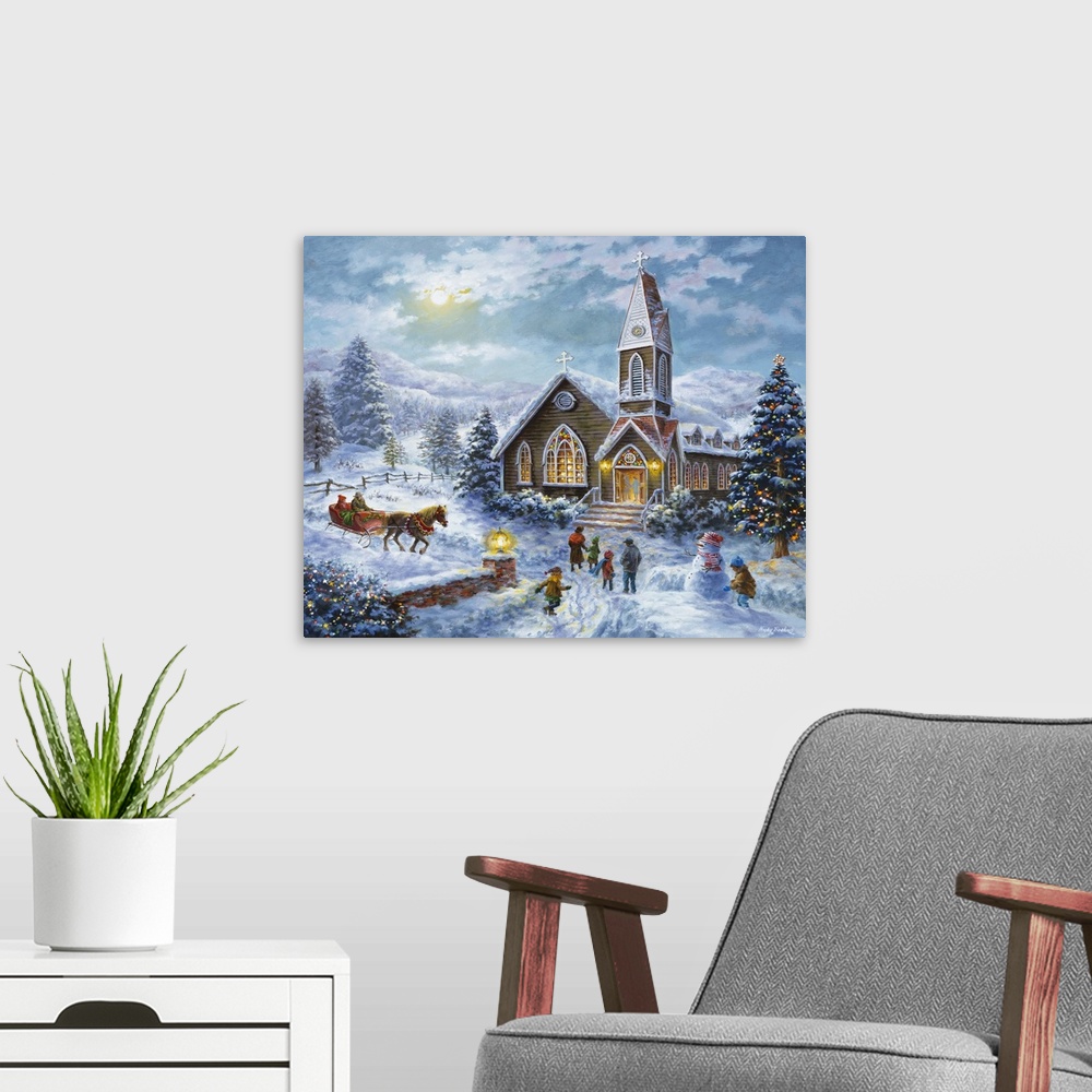 A modern room featuring Painting of a winter church with glowing windows. Product is a painting reproduction only, and do...