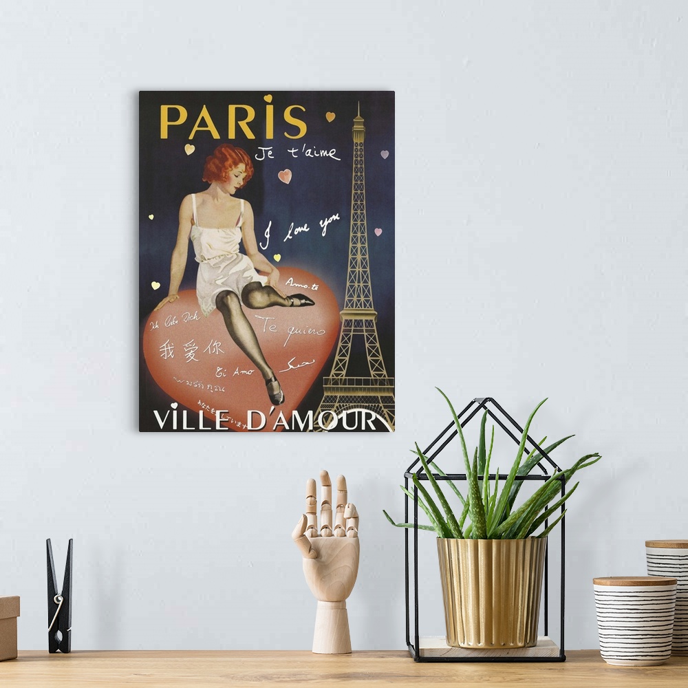 A bohemian room featuring Paris I Love You, Ville D'Amour, vintage Paris poster