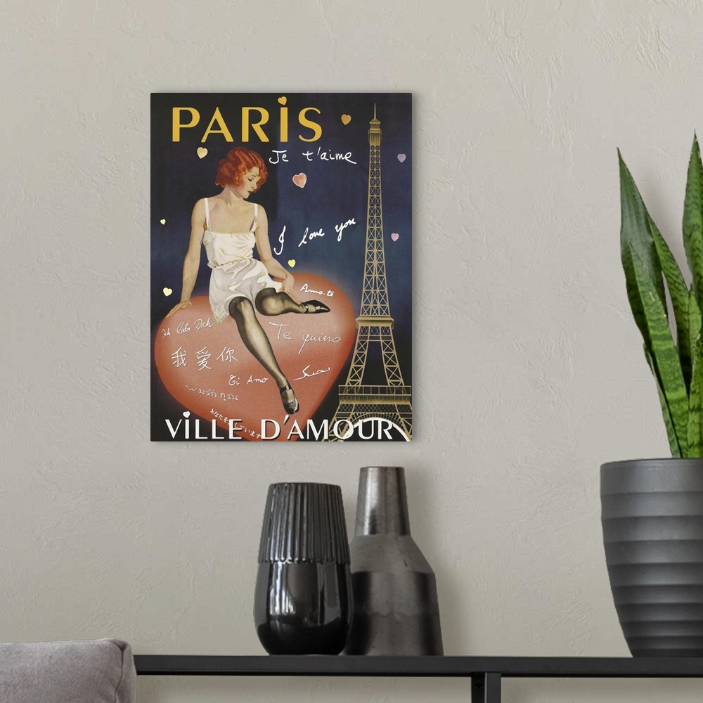 A modern room featuring Paris I Love You, Ville D'Amour, vintage Paris poster