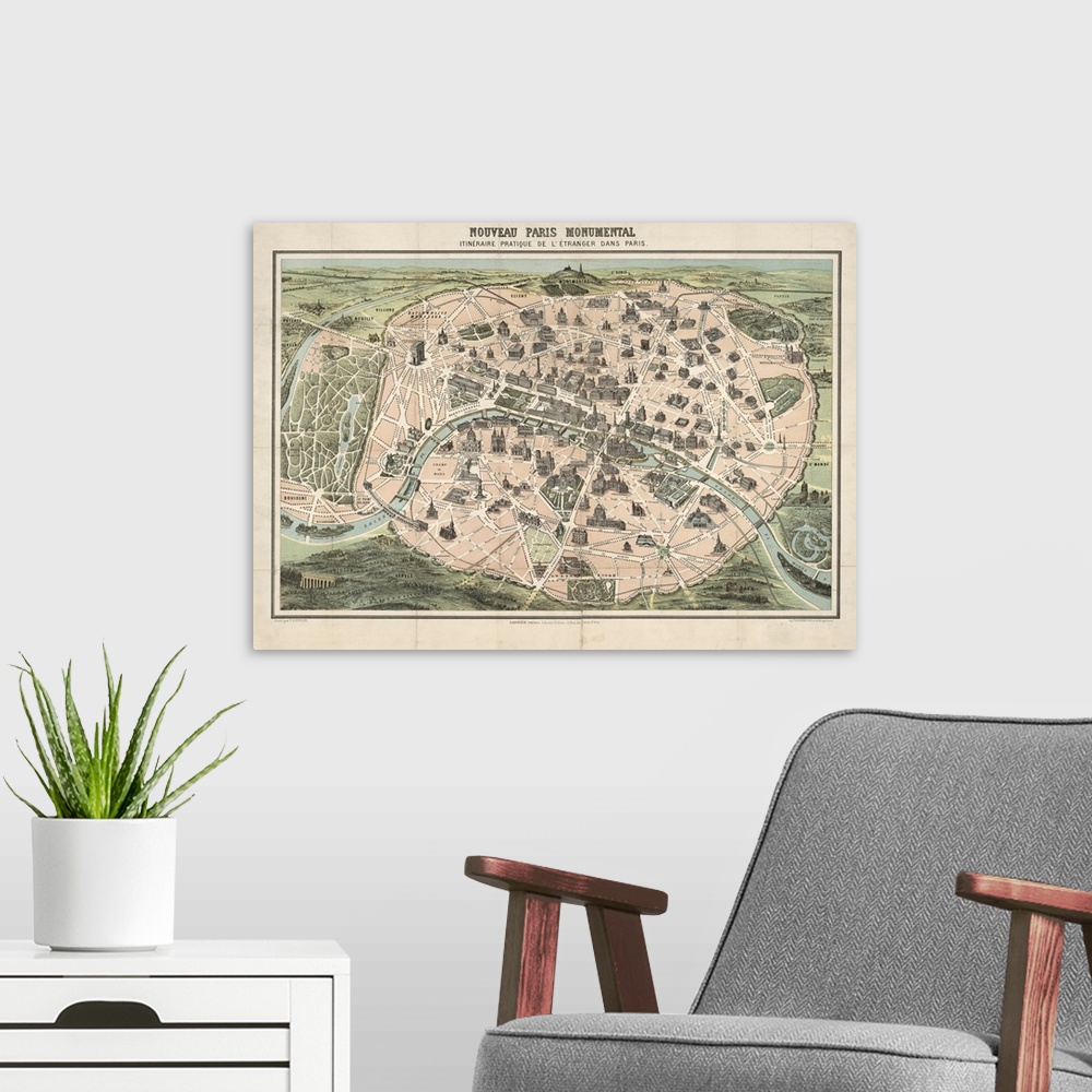 A modern room featuring vintage Map of the City of Paris II