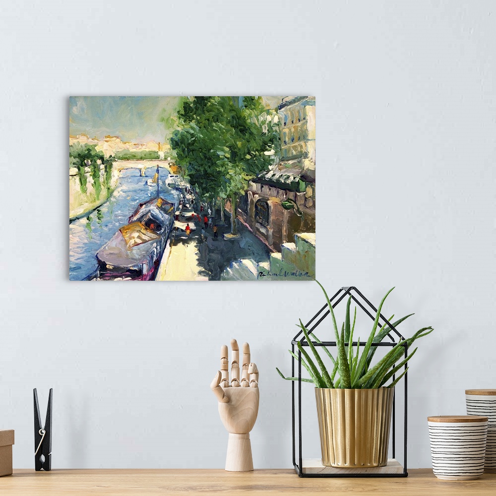 A bohemian room featuring Contemporary painting of a canal in Paris.