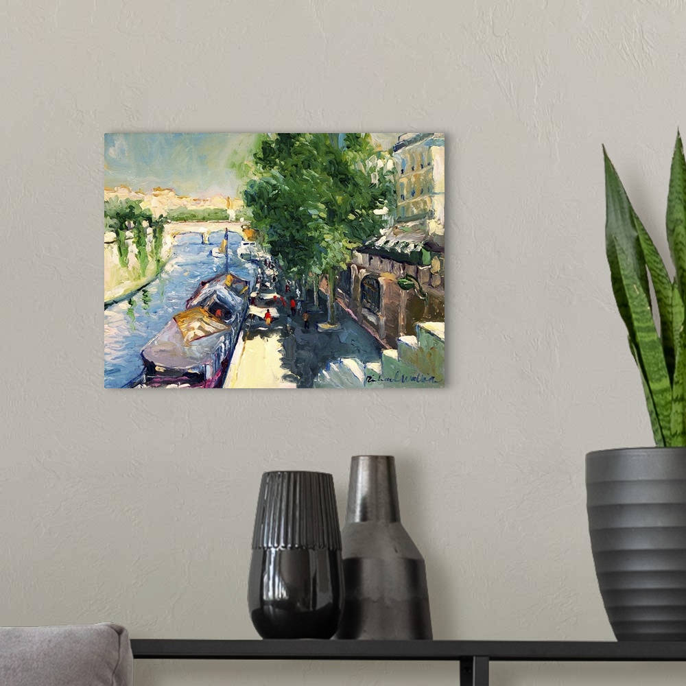 A modern room featuring Contemporary painting of a canal in Paris.