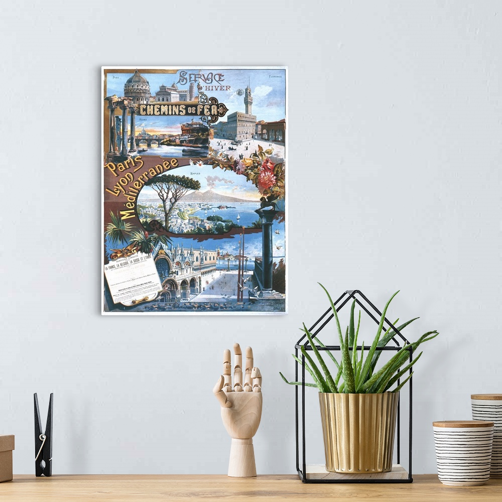 A bohemian room featuring Vintage travel advertisement for Lyon, France.
