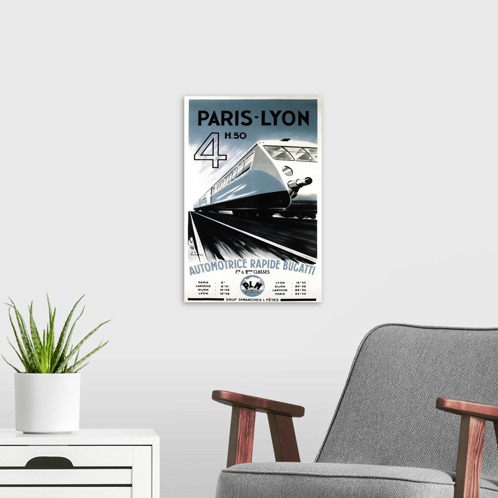 A modern room featuring Vintage travel advertisement for rail travel via Paris-Lyon.