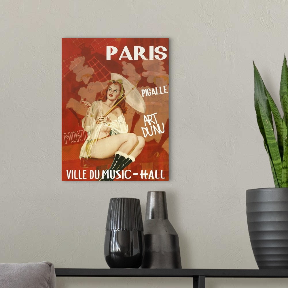 A modern room featuring Paris Music Hall, Ville du Music-Hall, vintage Paris poster