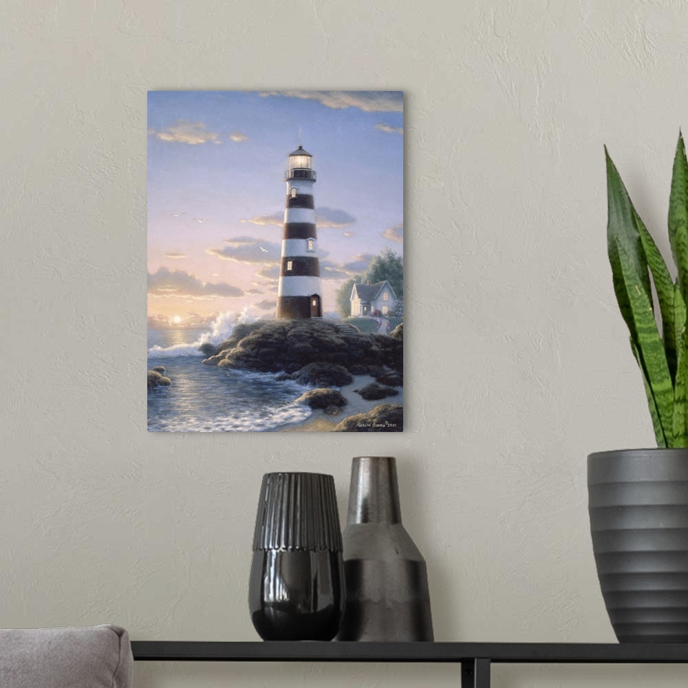 A modern room featuring Contemporary painting of a striped lighthouse.