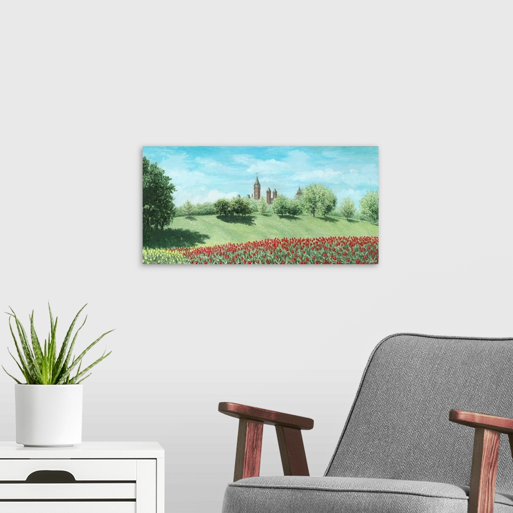 A modern room featuring Contemporary artwork of a field of tulips with buildings in the distance.