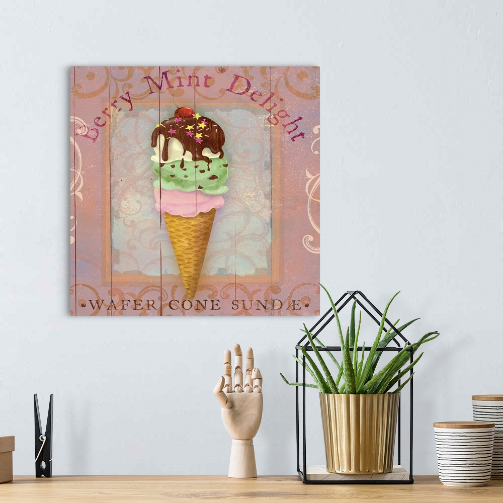 A bohemian room featuring Berry Mint Delight, wafer cone sundaeice cream cone.