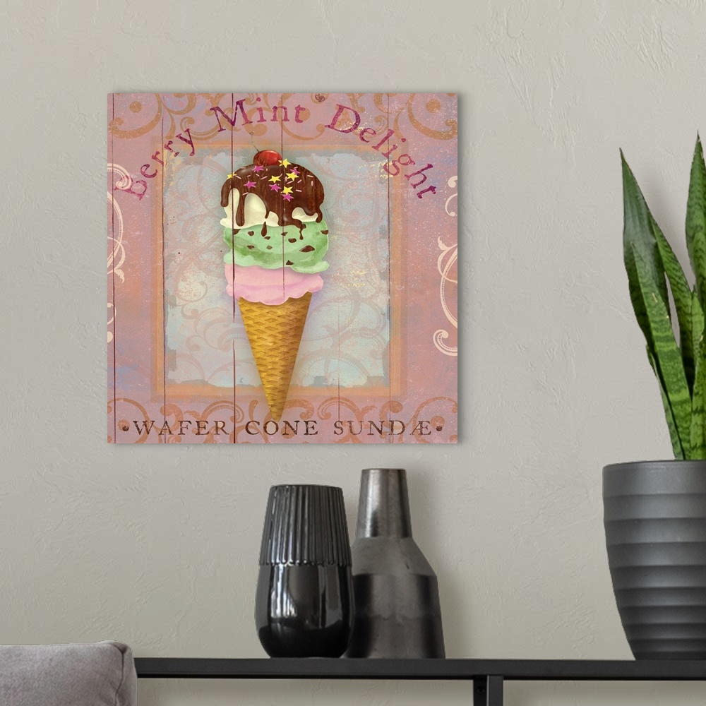 A modern room featuring Berry Mint Delight, wafer cone sundaeice cream cone.