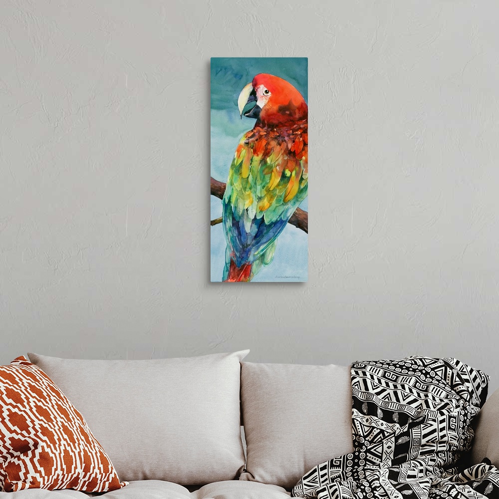 A bohemian room featuring Contemporary watercolor painting of a vibrant colorful parrot perched on a branch.