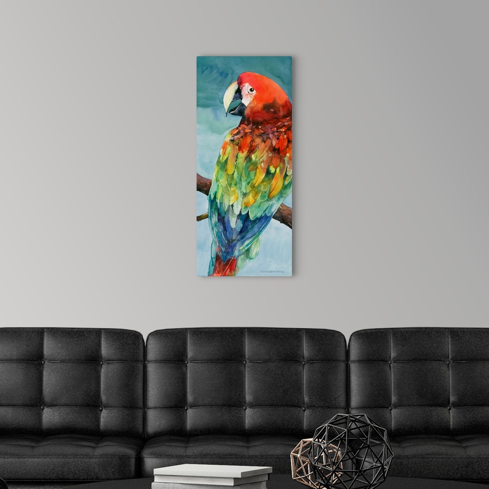 A modern room featuring Contemporary watercolor painting of a vibrant colorful parrot perched on a branch.