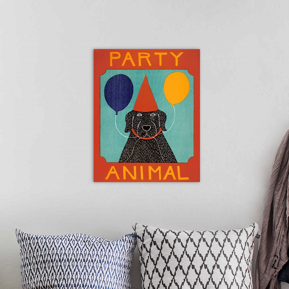 A bohemian room featuring Illustration of a black lab wearing a red party hat and holding two balloons in its mouth with th...