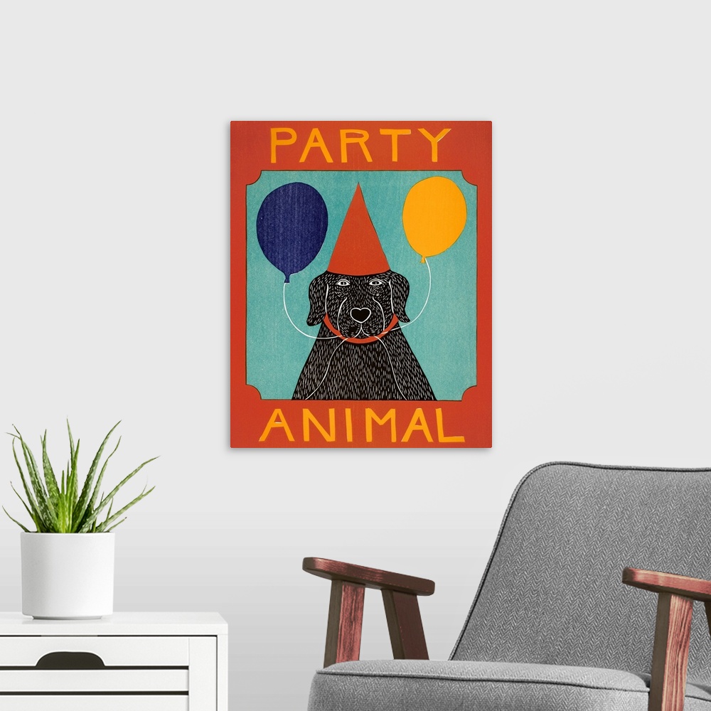 A modern room featuring Illustration of a black lab wearing a red party hat and holding two balloons in its mouth with th...