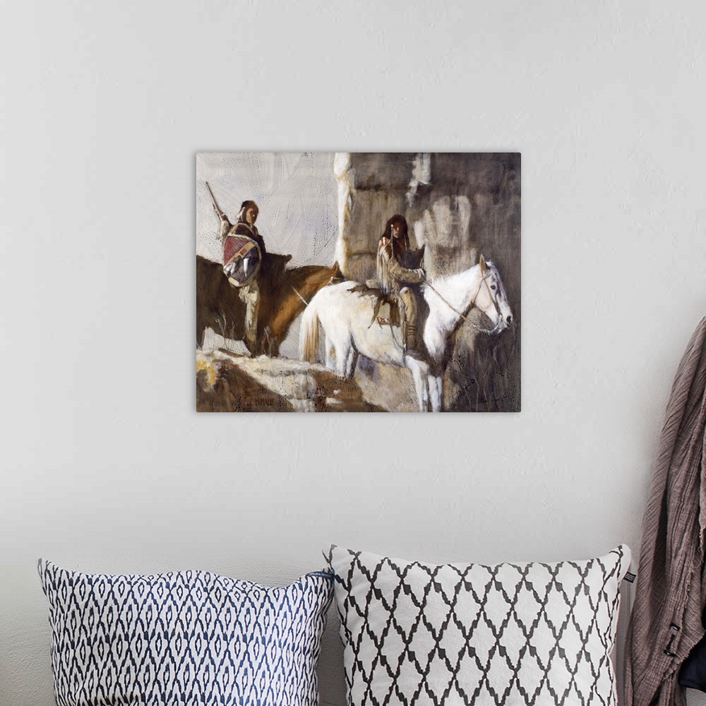 A bohemian room featuring Contemporary western theme painting of native americans on horseback.