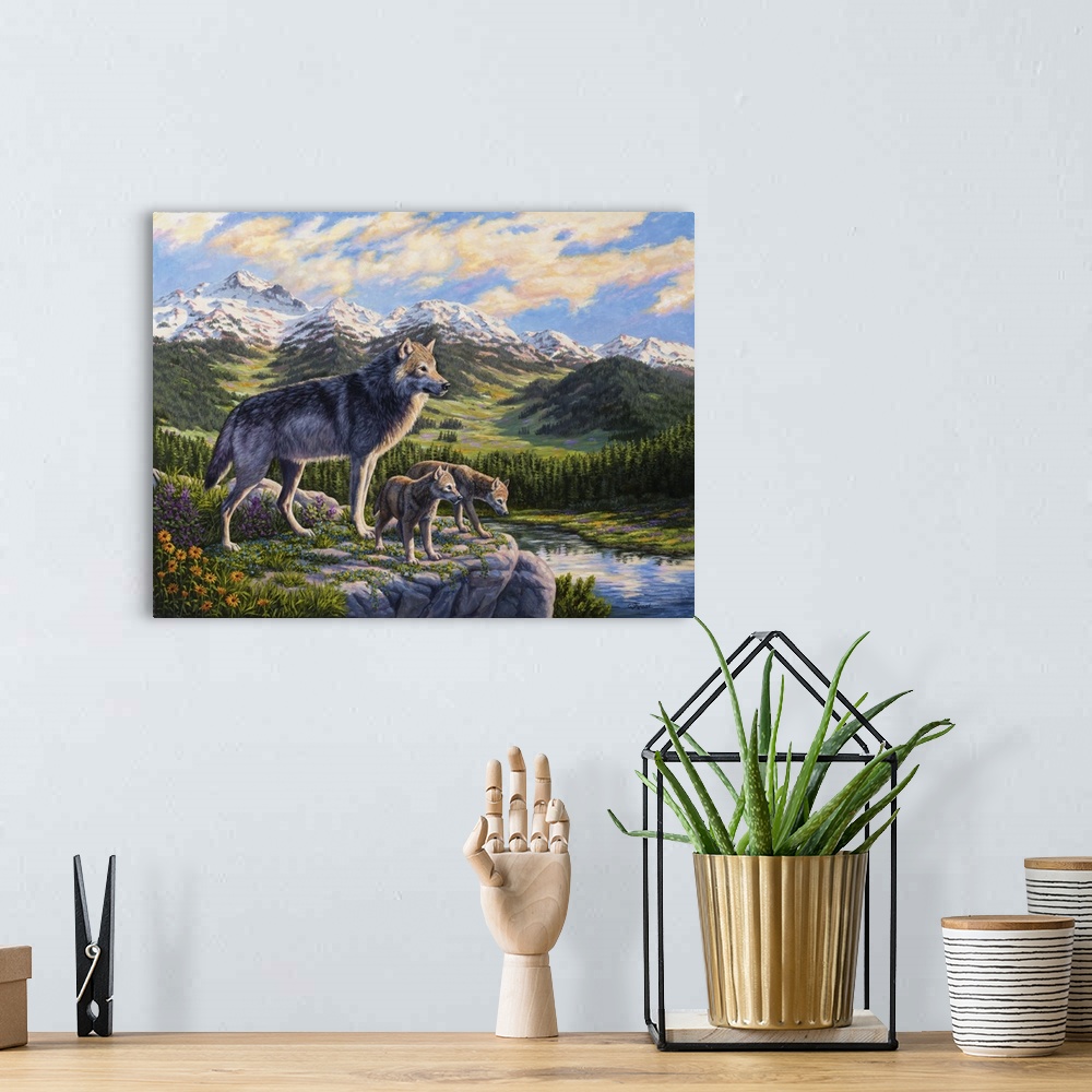 A bohemian room featuring A wolf and two cubs standing by a river in the mountains.