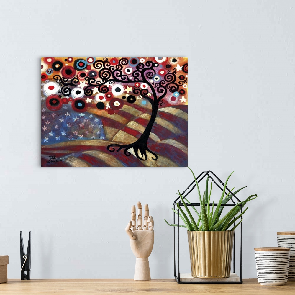 A bohemian room featuring Contemporary painting of a patriotic tree with the American flag.