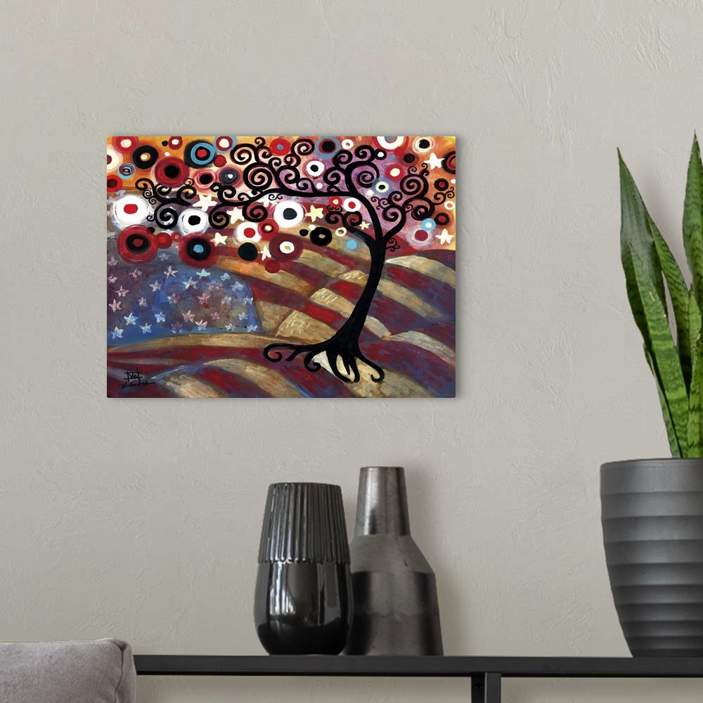 A modern room featuring Contemporary painting of a patriotic tree with the American flag.