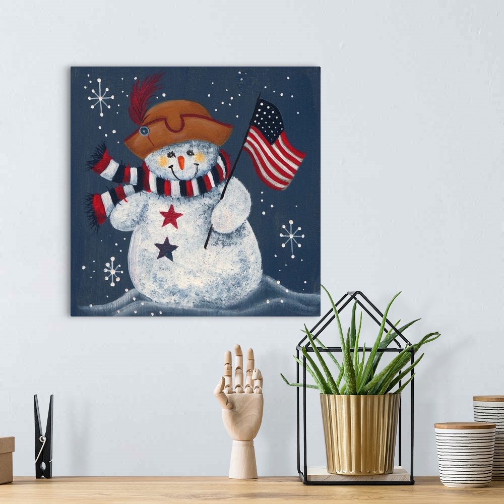 A bohemian room featuring A snowman with a flag in hand.