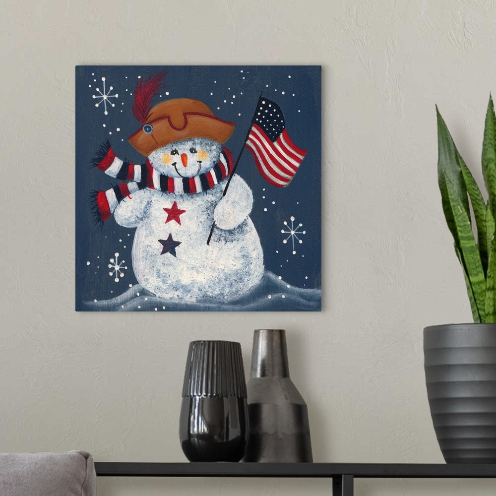 A modern room featuring A snowman with a flag in hand.
