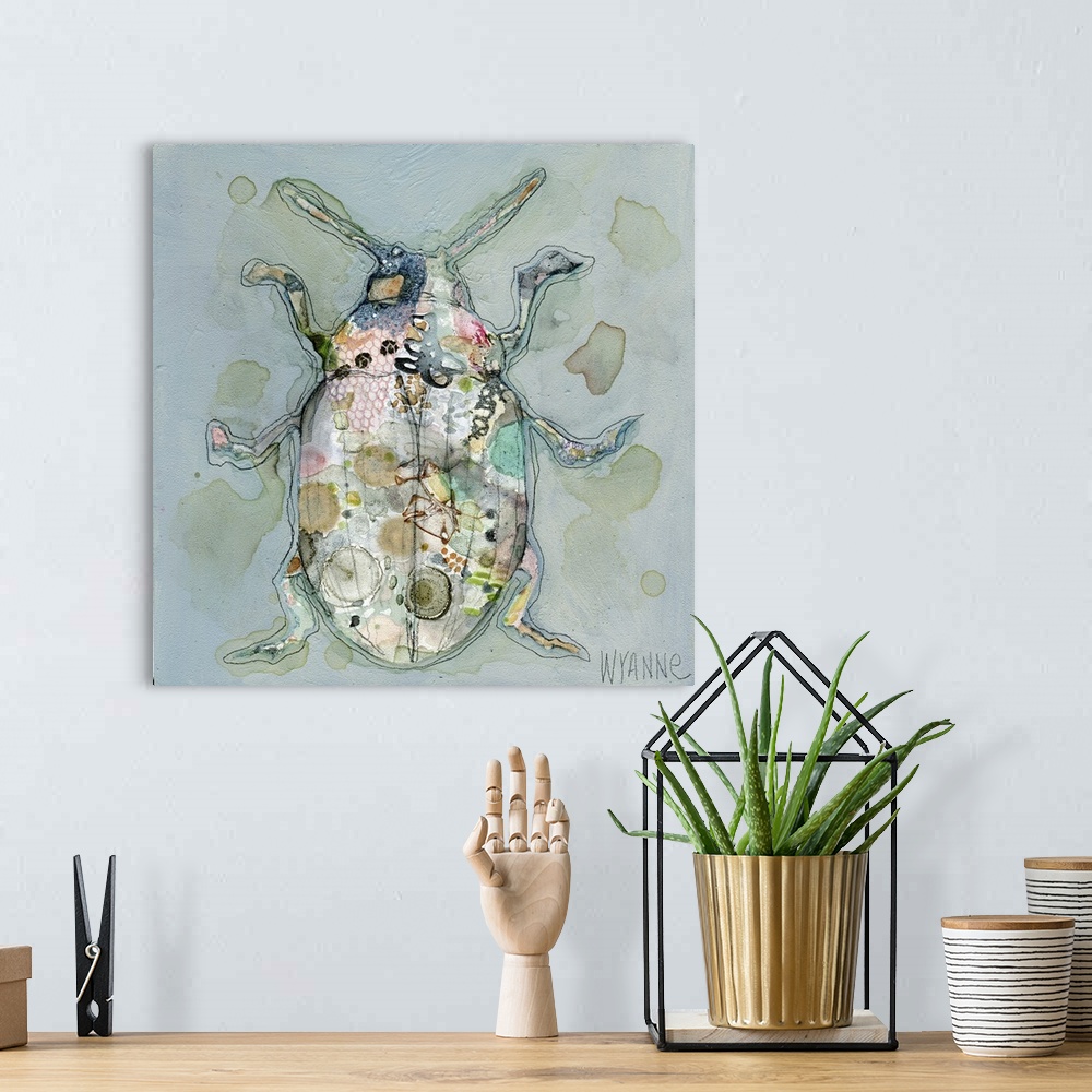 A bohemian room featuring Painting of a beetle with colorful designs on a grey background.