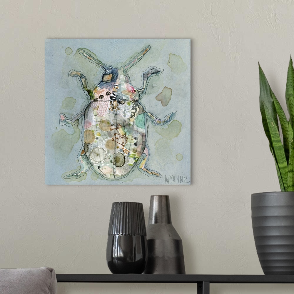 A modern room featuring Painting of a beetle with colorful designs on a grey background.