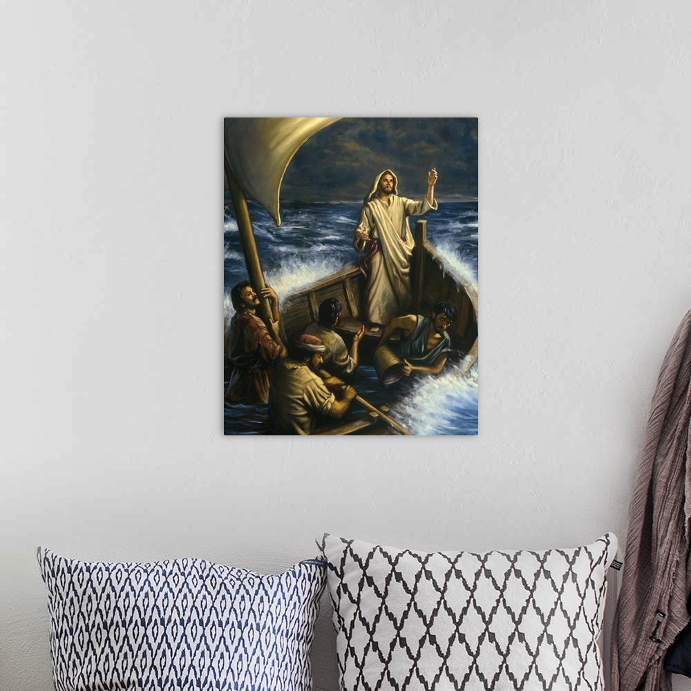 A bohemian room featuring Jesus calming the rough ocean waters.
