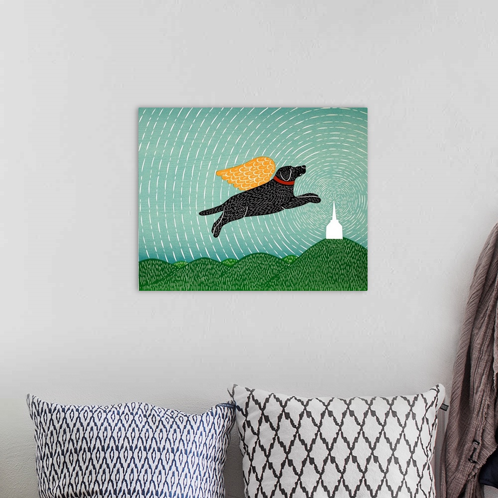 A bohemian room featuring Illustration of a black lab with gold wings flying in a starry sky towards a chapel.