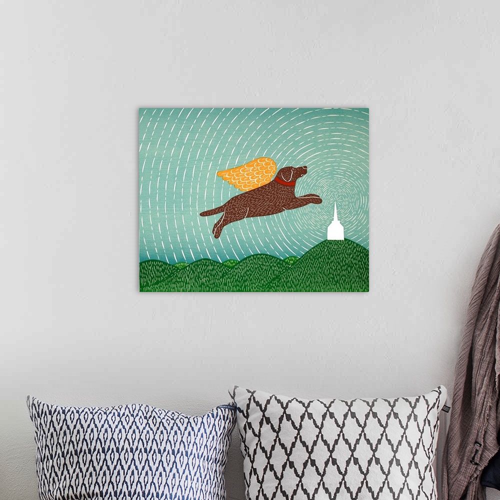 A bohemian room featuring Illustration of a chocolate lab with gold wings flying in a starry sky towards a chapel.