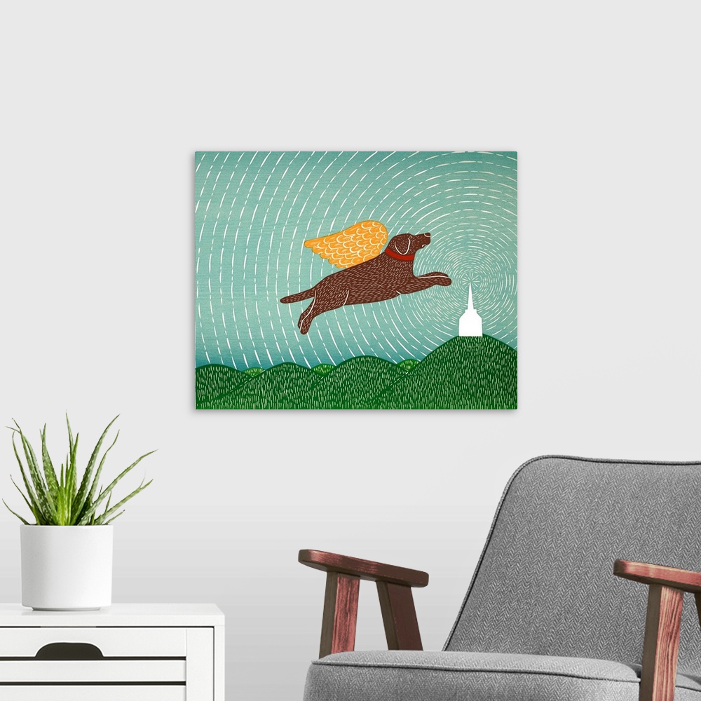 A modern room featuring Illustration of a chocolate lab with gold wings flying in a starry sky towards a chapel.
