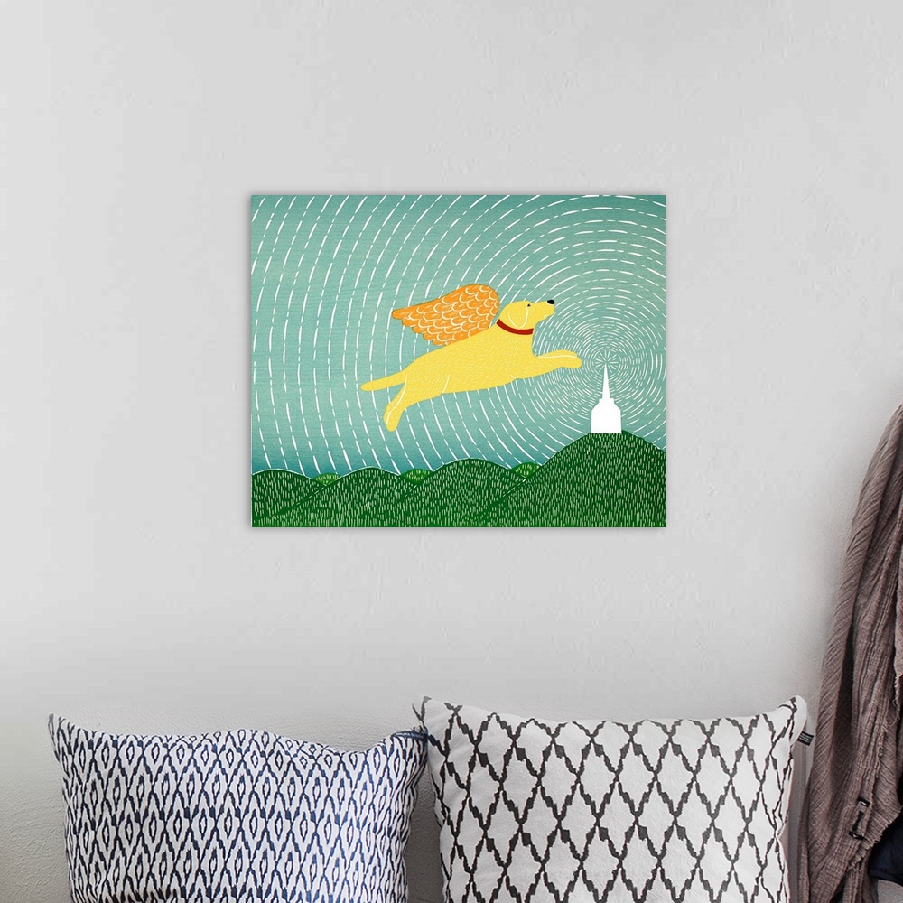 A bohemian room featuring Illustration of a yellow lab with gold wings flying in a starry sky towards a chapel.