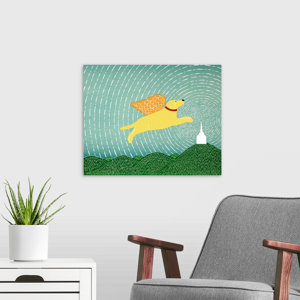 A modern room featuring Illustration of a yellow lab with gold wings flying in a starry sky towards a chapel.