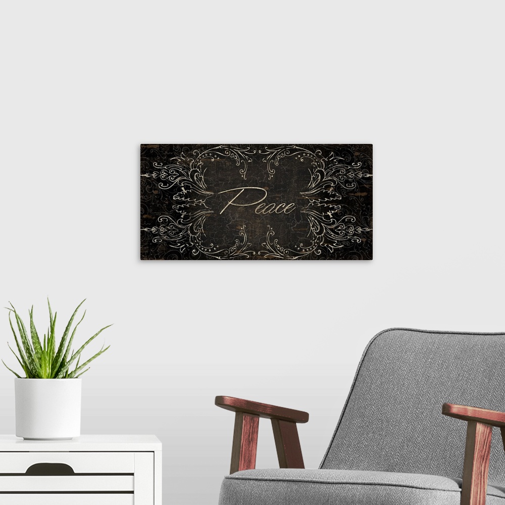 A modern room featuring Long painting on canvas of the word "peace" with decorative elements around it.