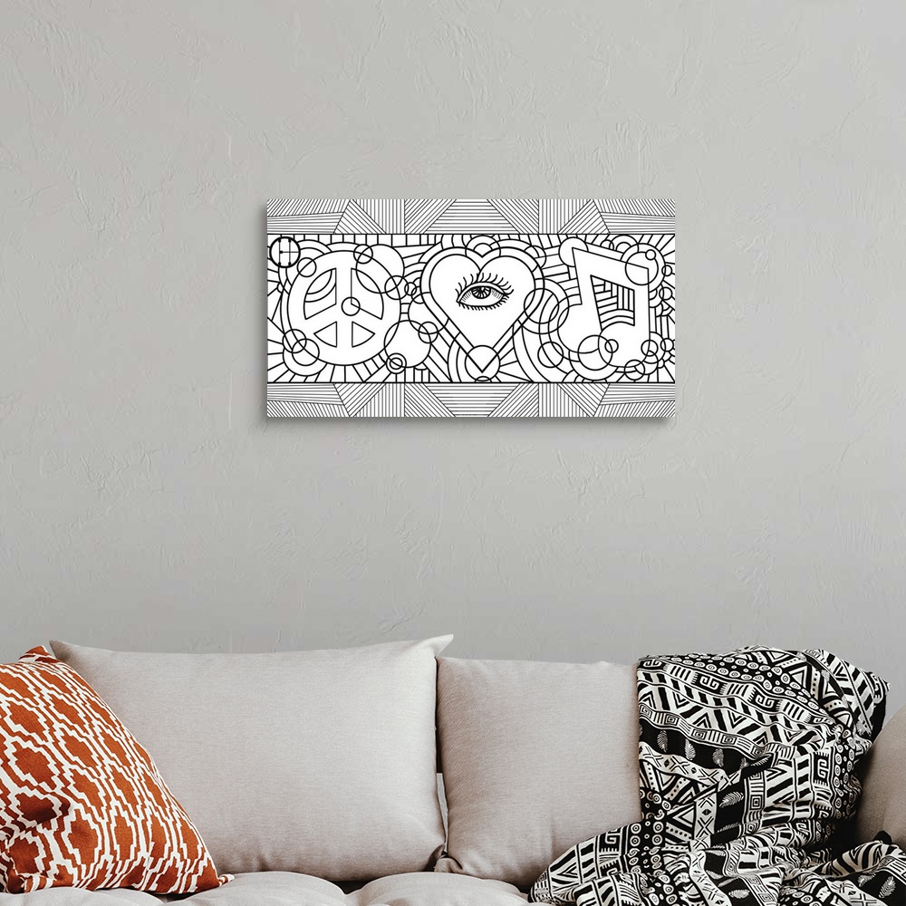 A bohemian room featuring Black and white line art of a peace sign a heart with an eye in the center and musical note.