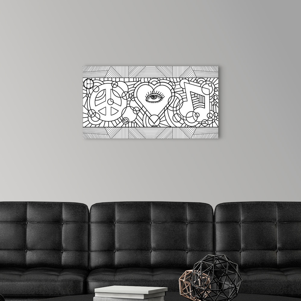 A modern room featuring Black and white line art of a peace sign a heart with an eye in the center and musical note.