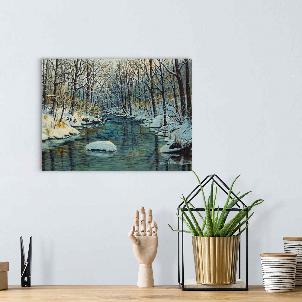 A bohemian room featuring Contemporary artwork of a winter forest scene with a river running through it