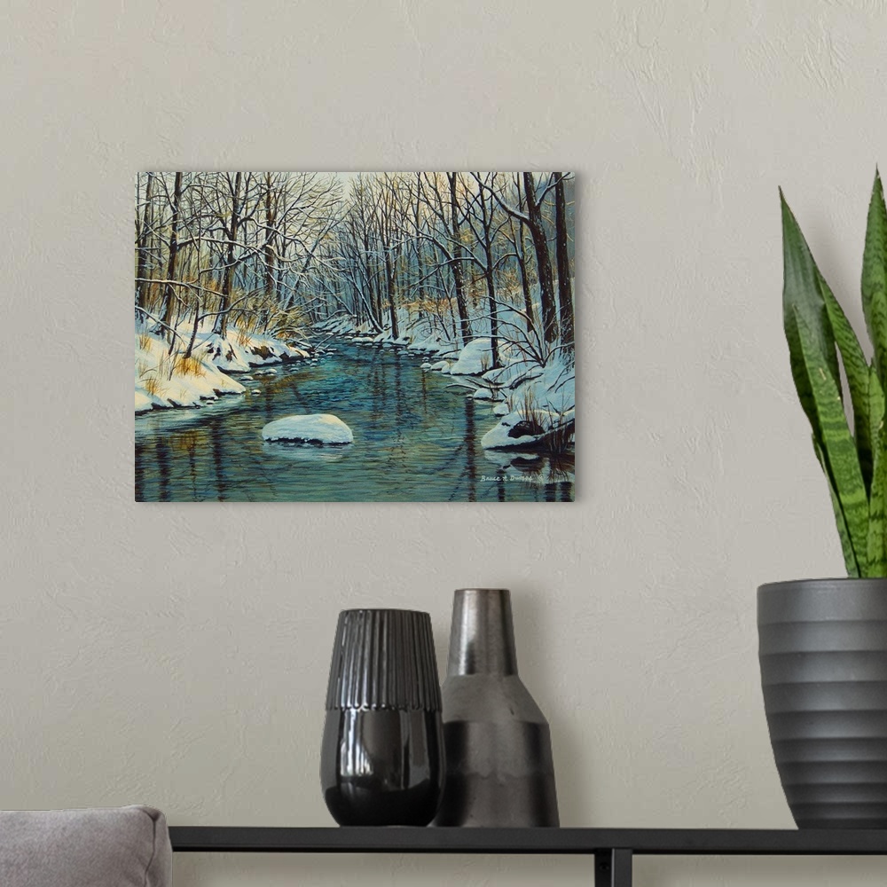 A modern room featuring Contemporary artwork of a winter forest scene with a river running through it