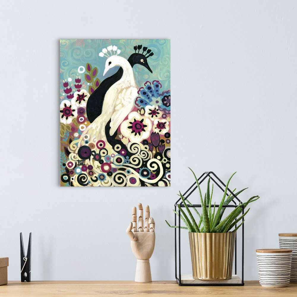 A bohemian room featuring Contemporary painting of two peafowl, one white and one black, in a garden.