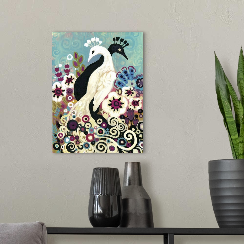 A modern room featuring Contemporary painting of two peafowl, one white and one black, in a garden.