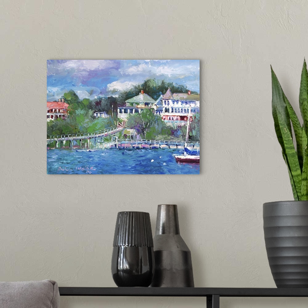 A modern room featuring Boats sitting in a harbor.