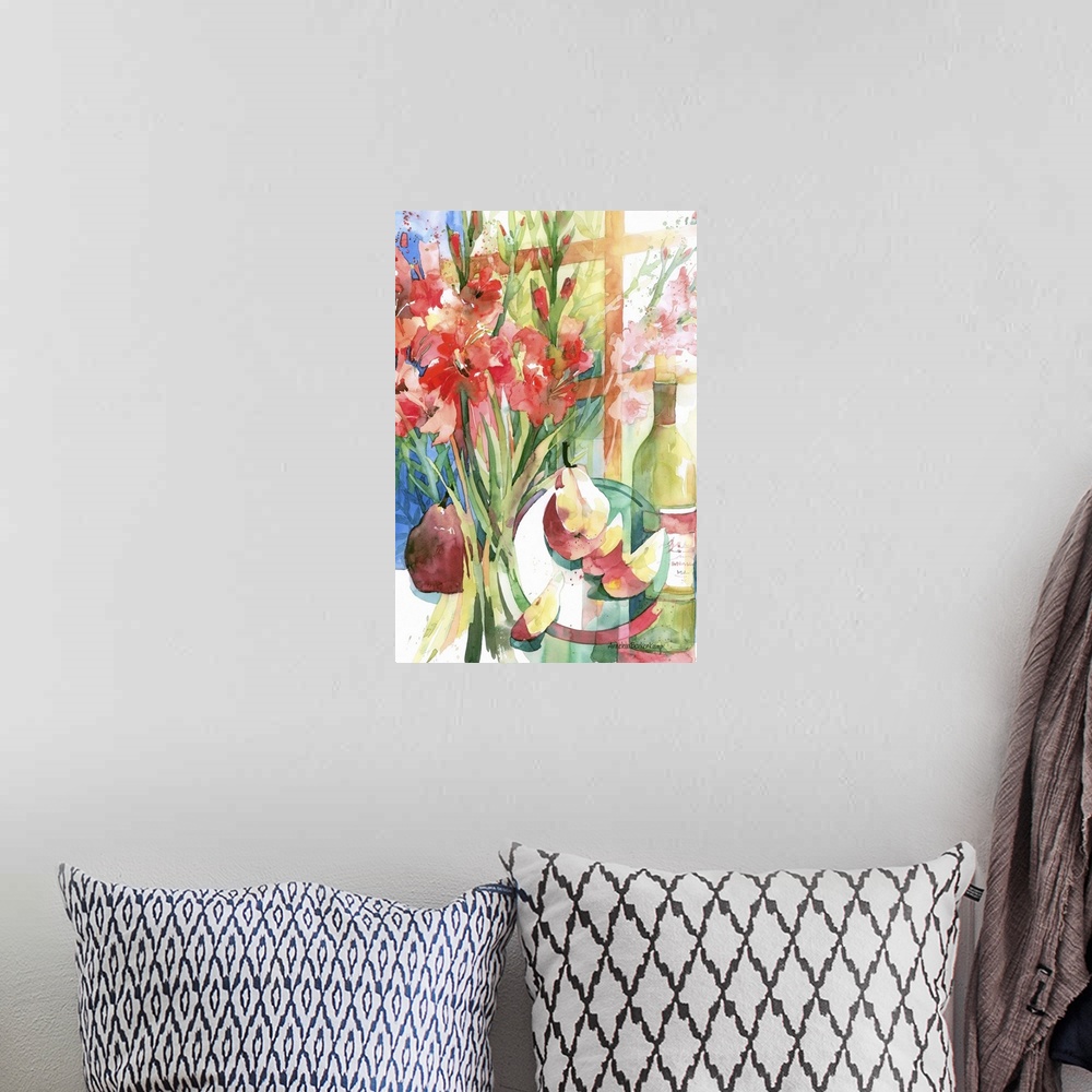 A bohemian room featuring Contemporary watercolor painting of flowers.