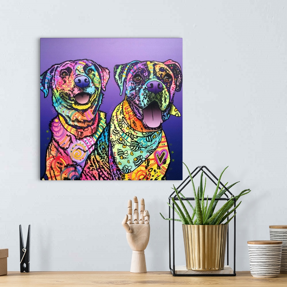 A bohemian room featuring Square painting of two colorful dogs with graffiti-like designs on a purple gradient background.