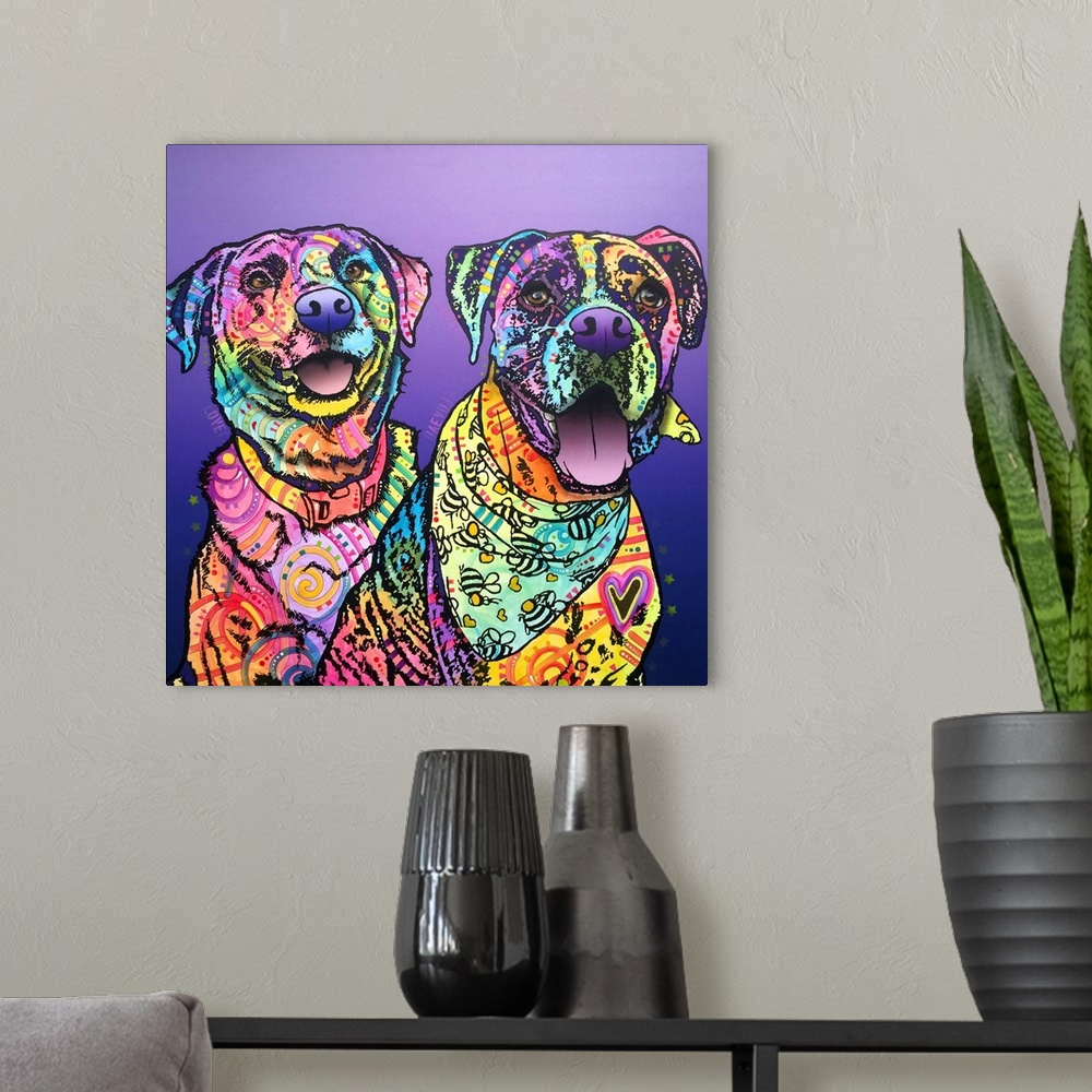 A modern room featuring Square painting of two colorful dogs with graffiti-like designs on a purple gradient background.