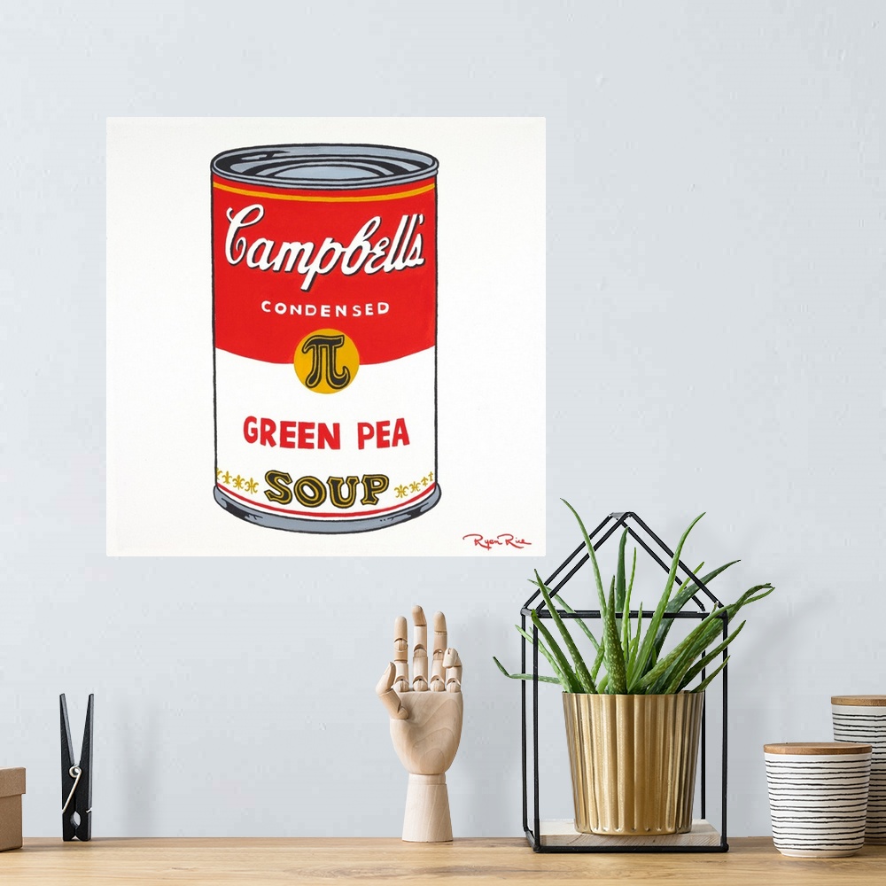 A bohemian room featuring Square pun painting of a can of Campbell's green pea soup with the pi symbol on it (pea can pi - ...