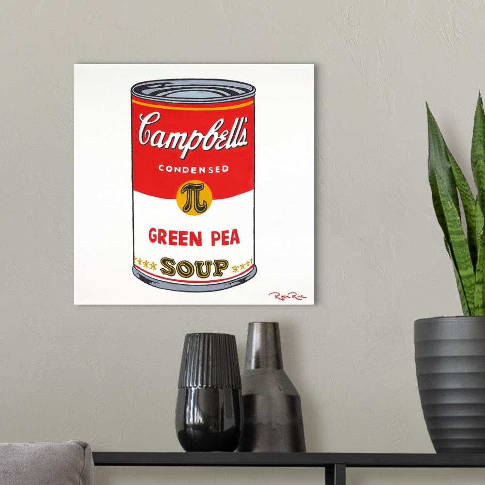A modern room featuring Square pun painting of a can of Campbell's green pea soup with the pi symbol on it (pea can pi - ...