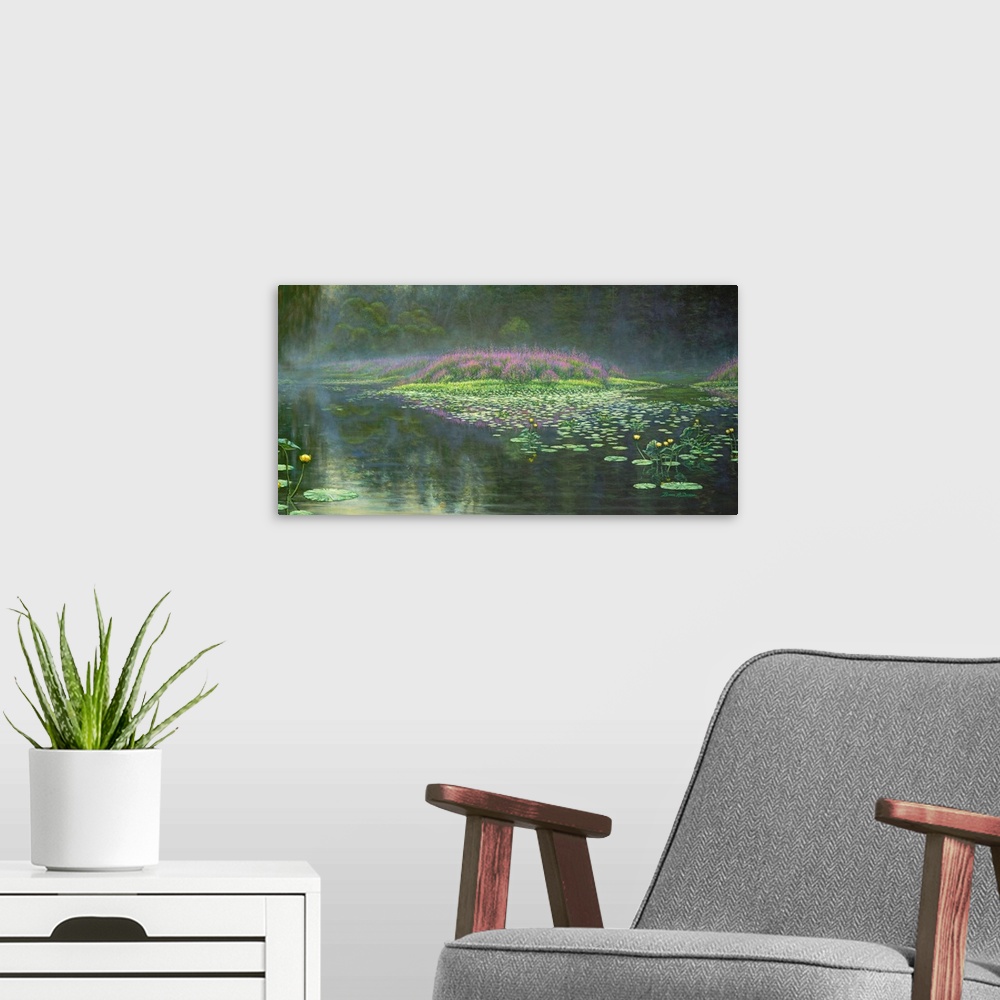 A modern room featuring Contemporary painting of a pond with garden.