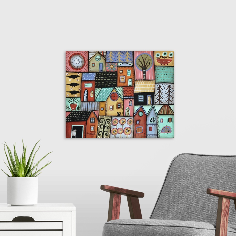 A modern room featuring Contemporary painting of a village full of colorful houses.