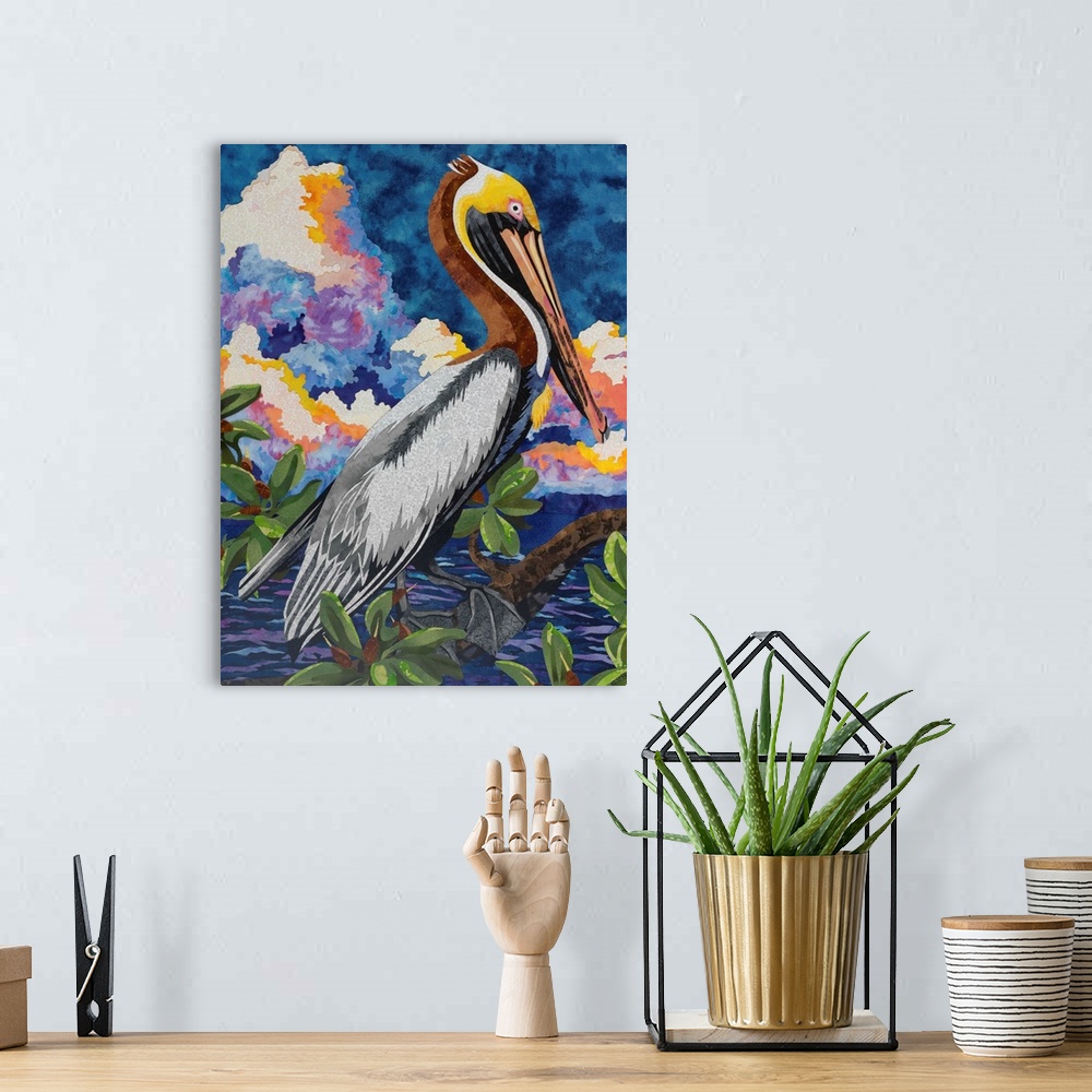 A bohemian room featuring Contemporary colorful painting of a pelican.