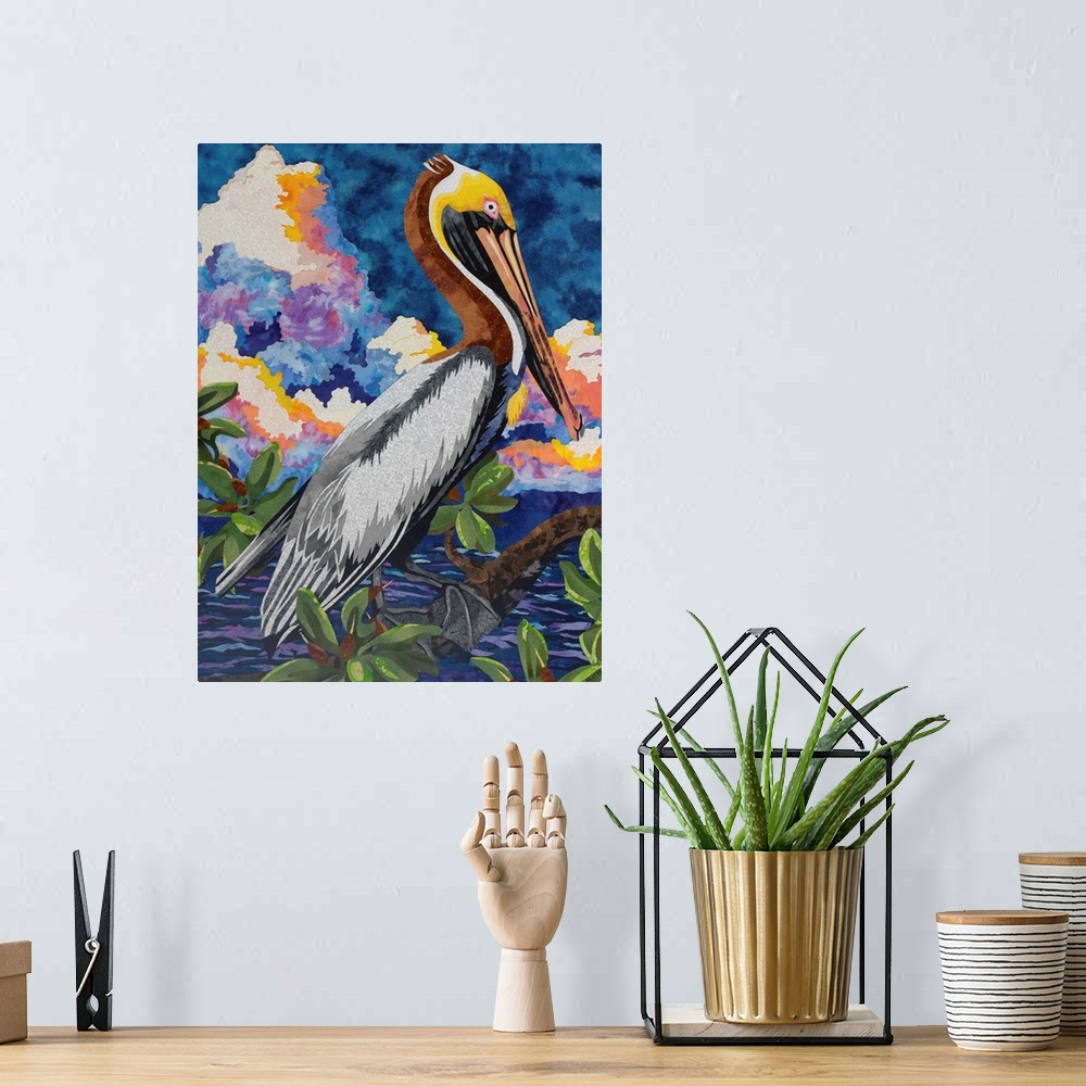 A bohemian room featuring Contemporary colorful painting of a pelican.