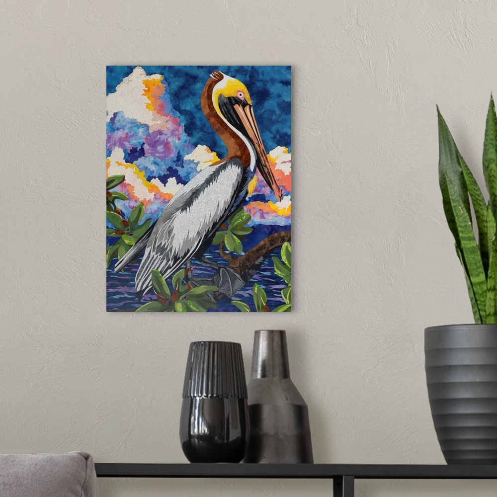 A modern room featuring Contemporary colorful painting of a pelican.